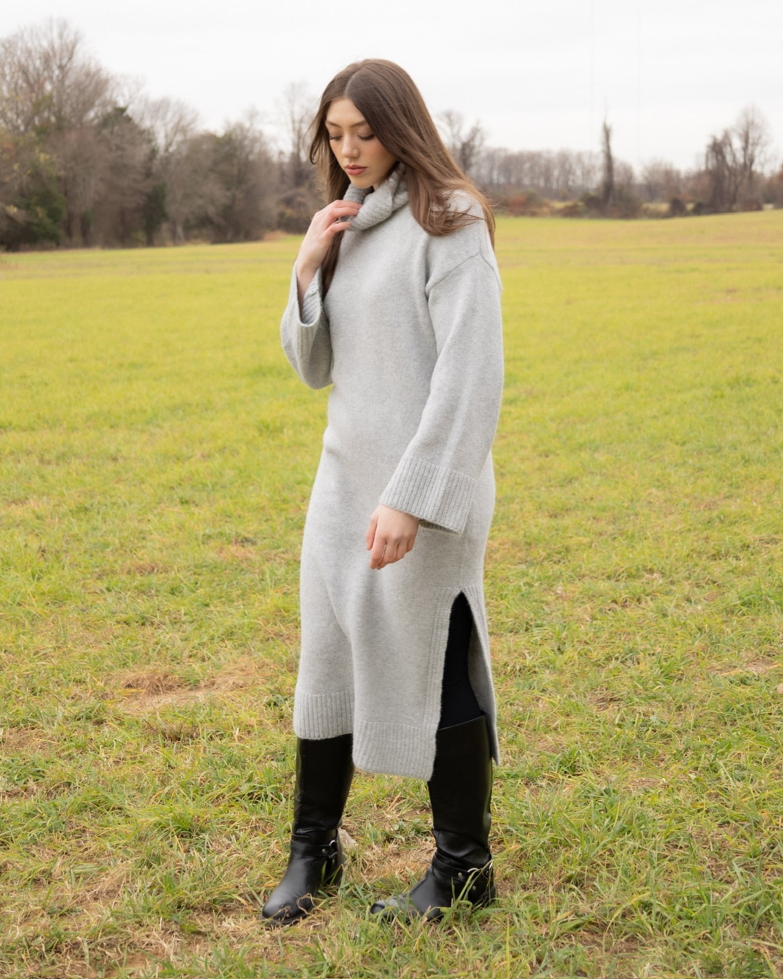 Felted Knit Cowl Neck Midi Sweater Dress
