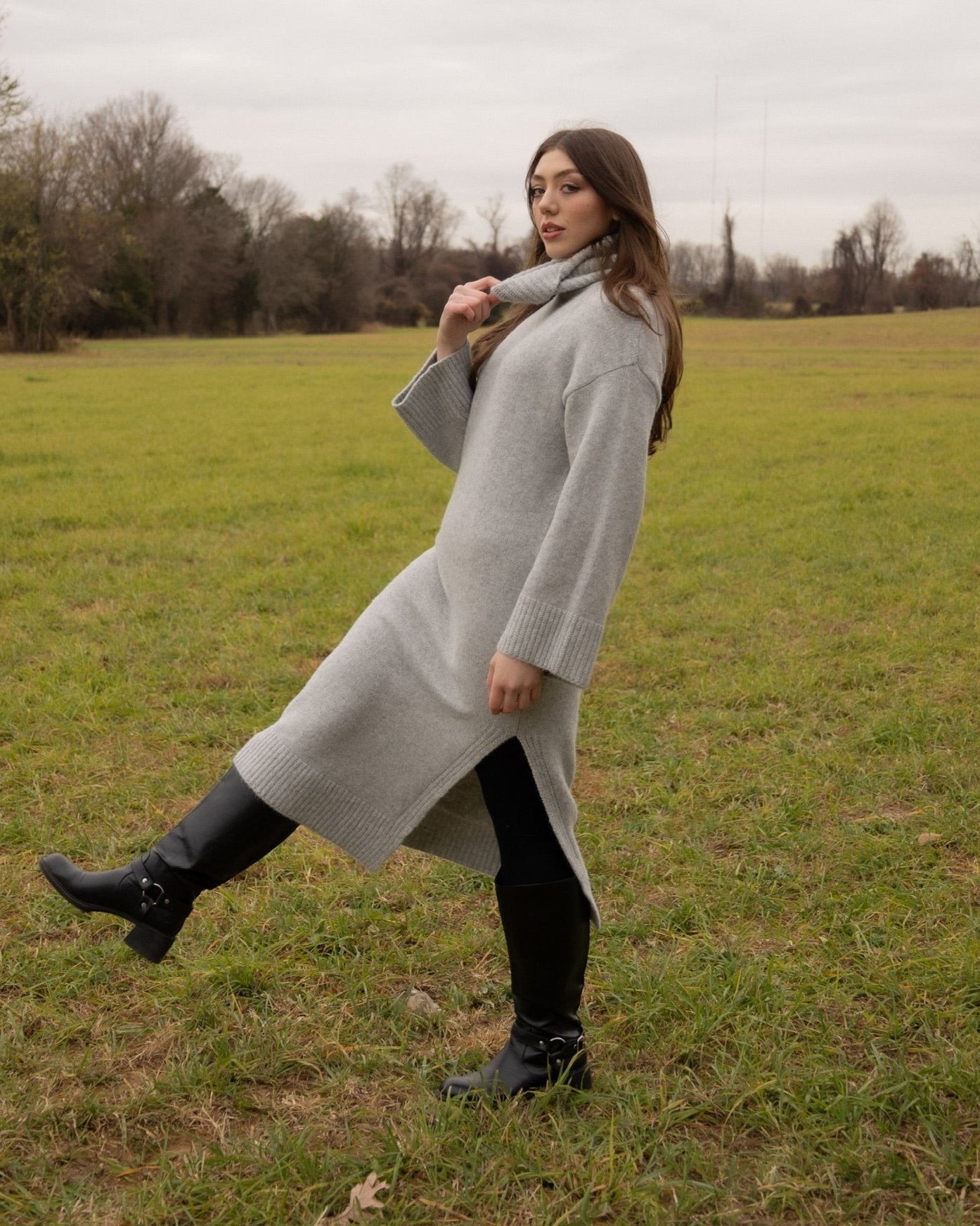 Felted Knit Cowl Neck Midi Sweater Dress