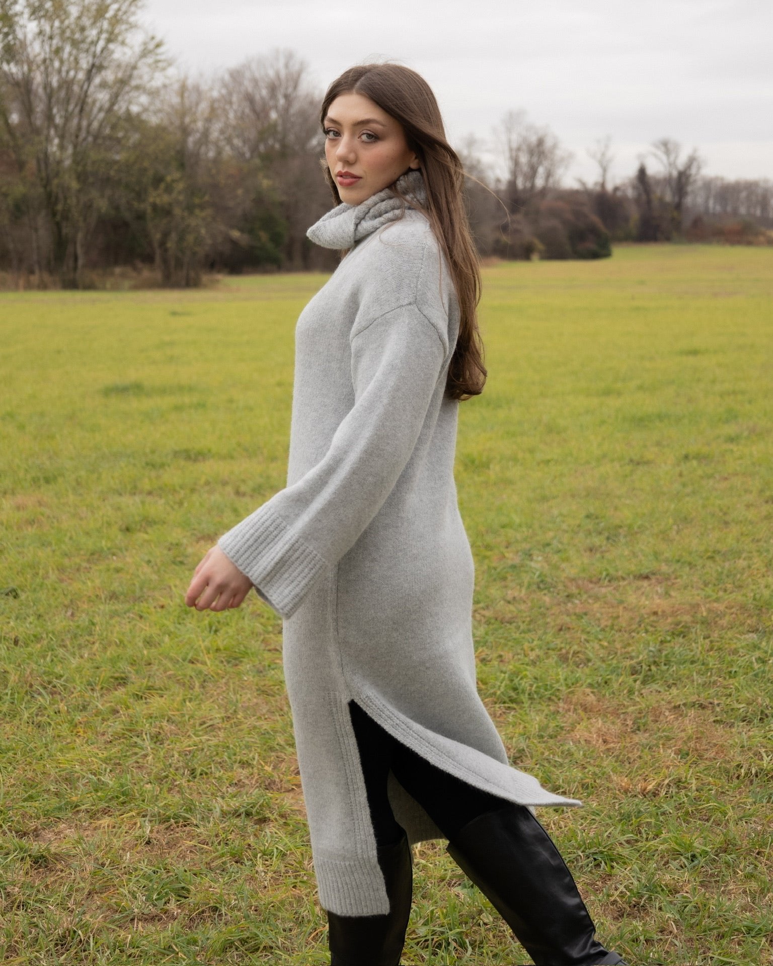 Felted Knit Cowl Neck Midi Sweater Dress